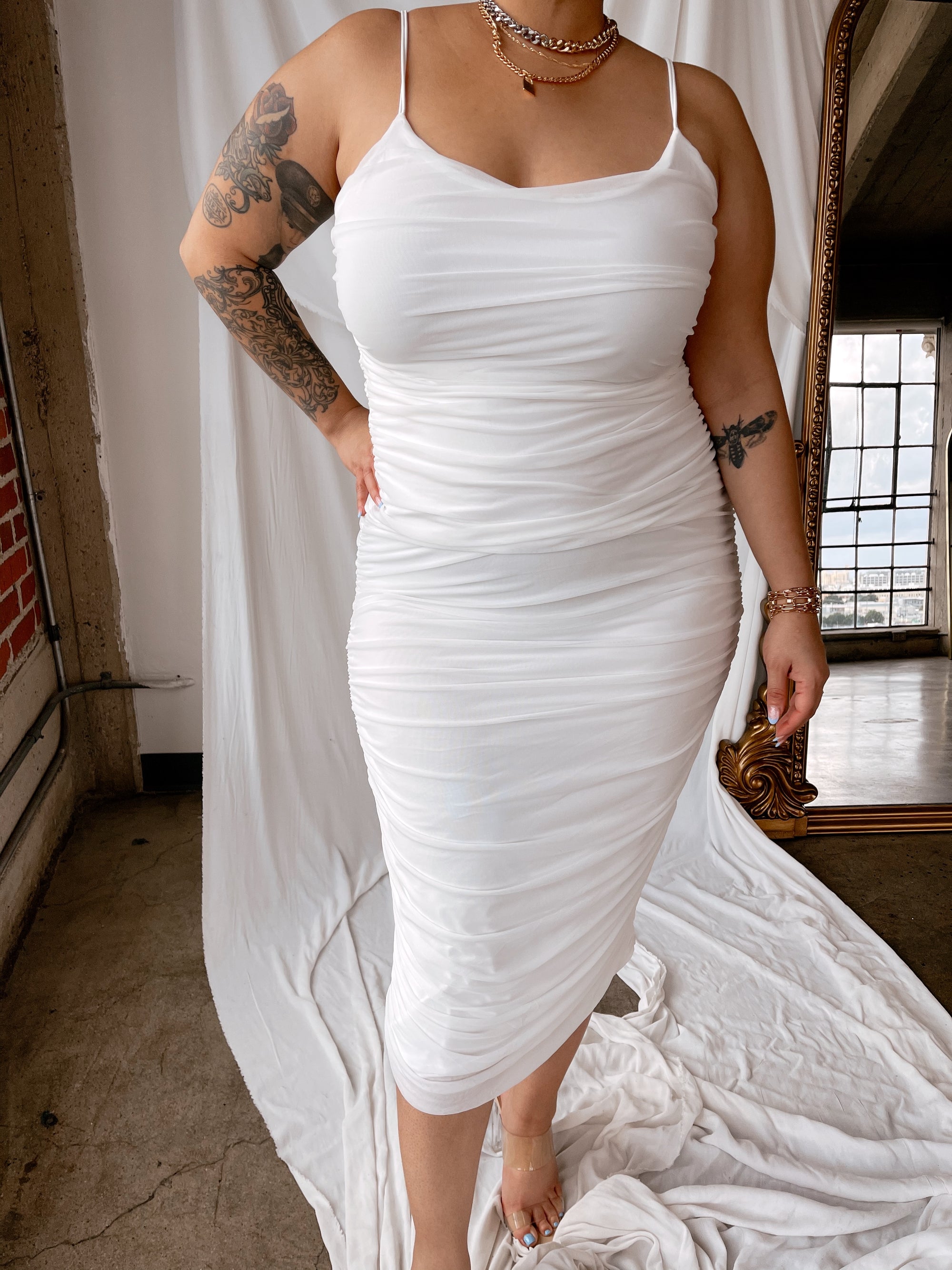 Plus size white top ruched dress