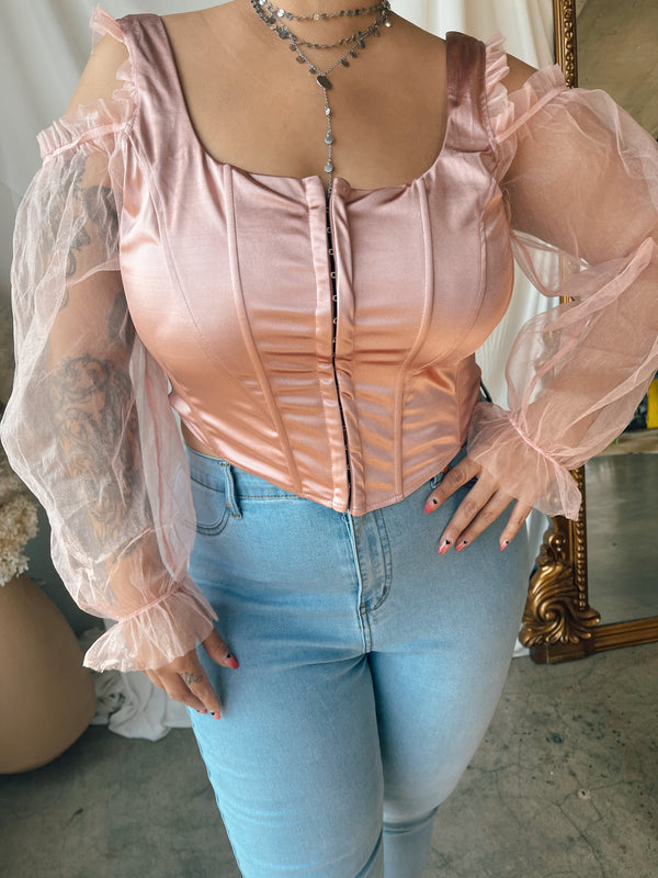 VICTORIA Pink Satin Cold Shoulder Corset Top